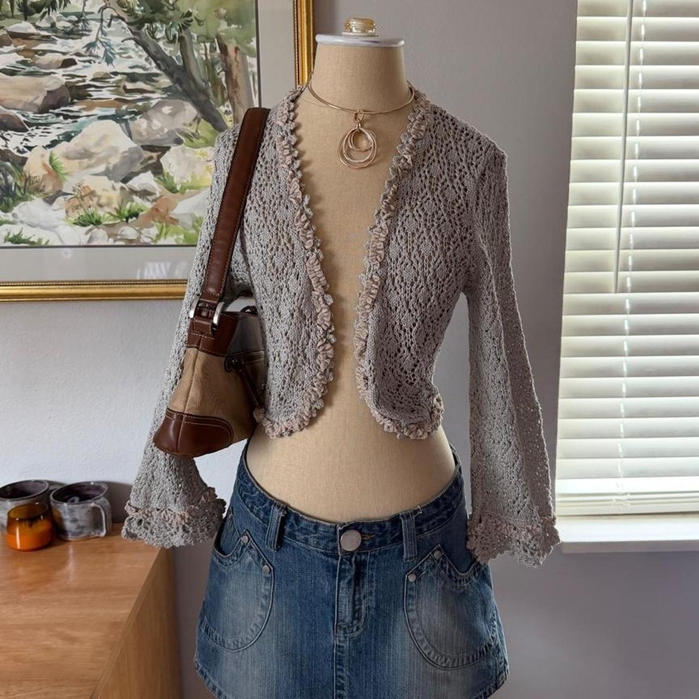 Express Y2K Whimsical Dusty Blue Pink Crochet Knit Long Sleeve Shawl Bolero L